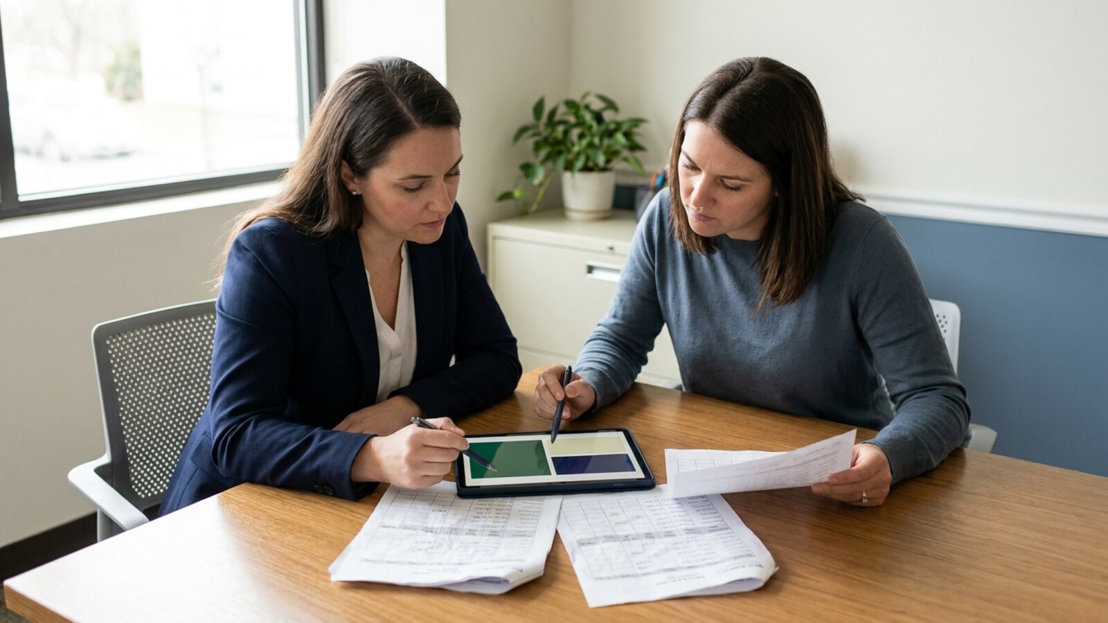 Staffing buyer and agency partner reviewing coverage and confirmed hours