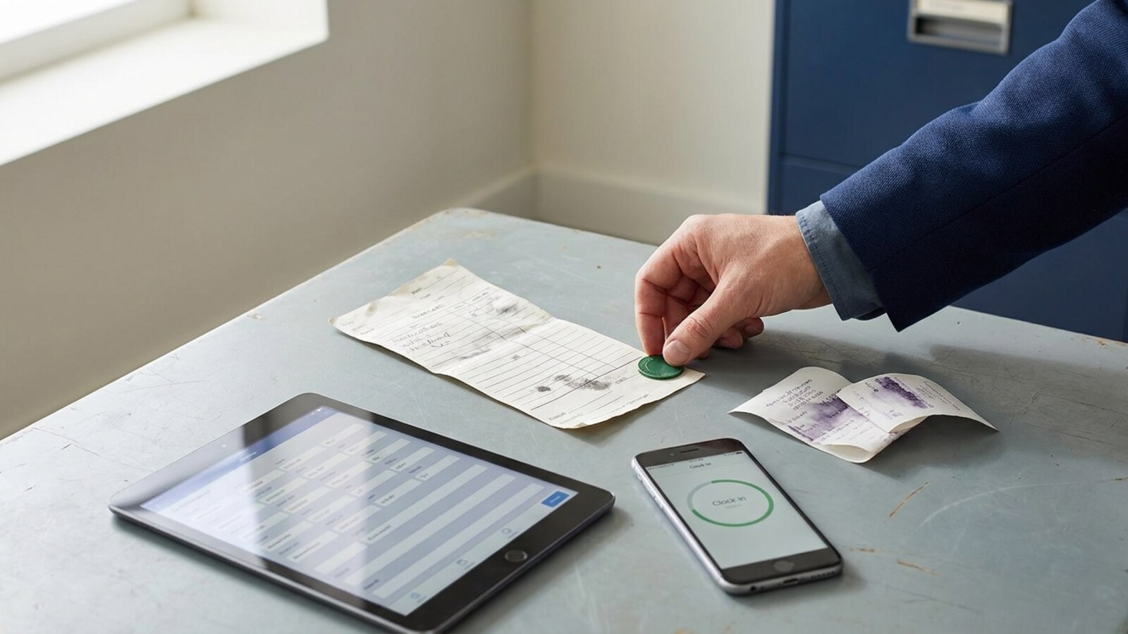 Paper timecard, client system, punch receipt, and phone clock arriving as separate evidence