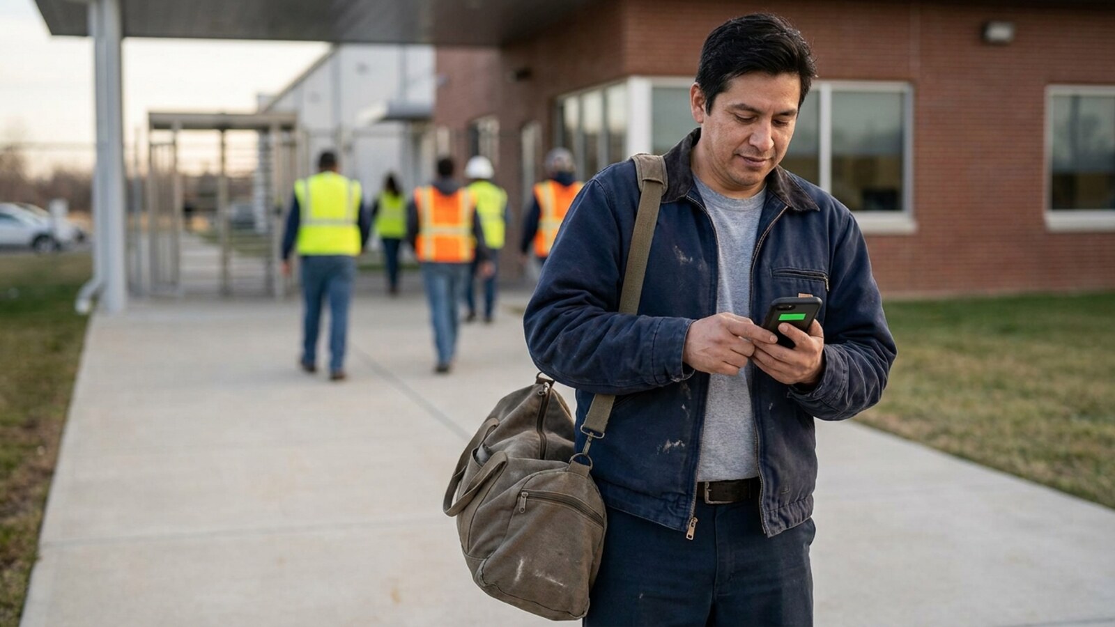 Worker leaving a completed shift with pay confirmation