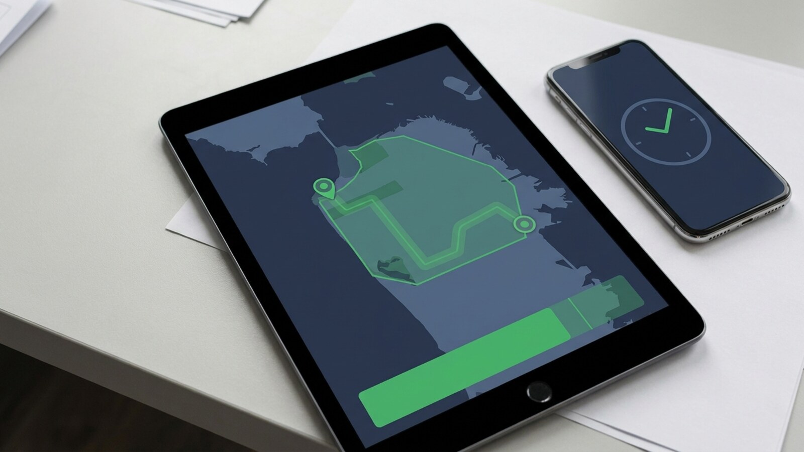 Worksite geofence, arrival, departure, and time-at-site evidence on a tablet