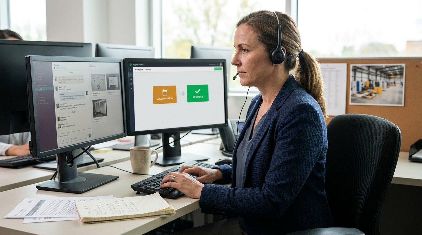 Staffing operations specialist coordinating a missing-time exception across two evidence screens