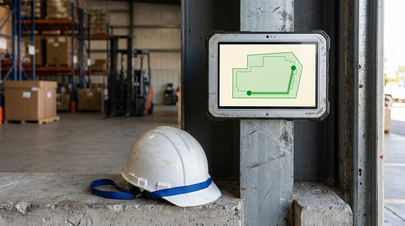Worksite-mounted tablet showing an optional geofence and presence path