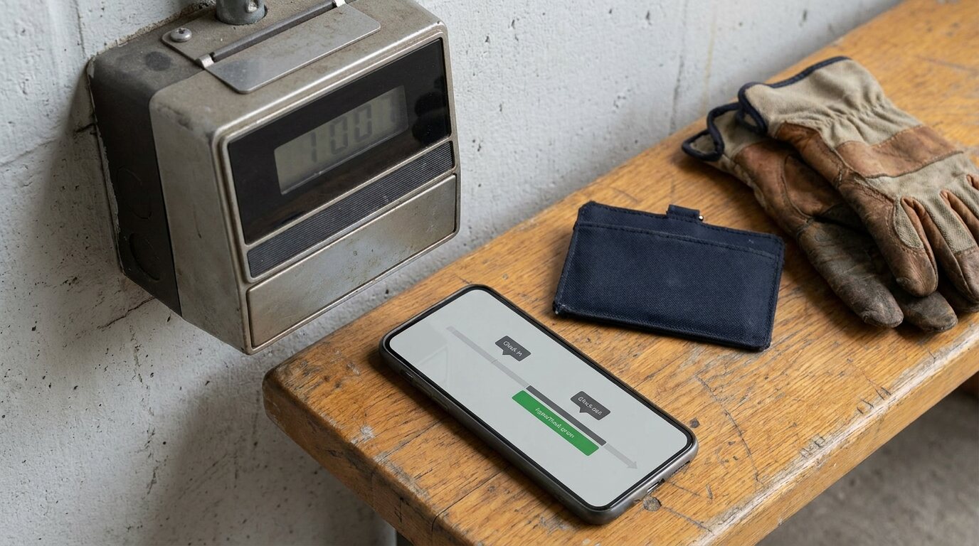 Phone shift timeline beside a worksite time-clock terminal and worker equipment