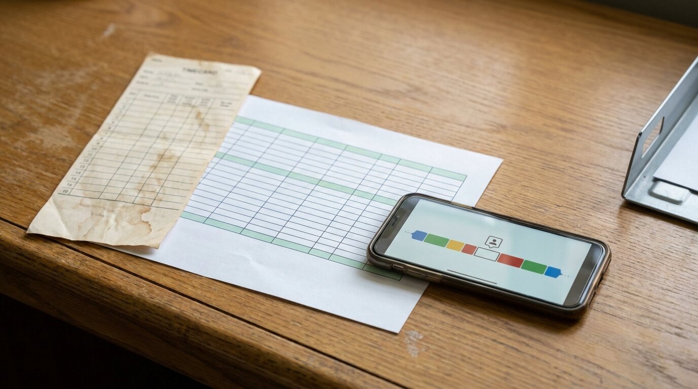 Paper and mobile shift records with visible gaps in the available evidence