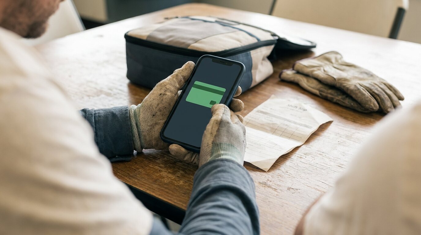 Worker reviewing an approved-hours and payout confirmation after a shift