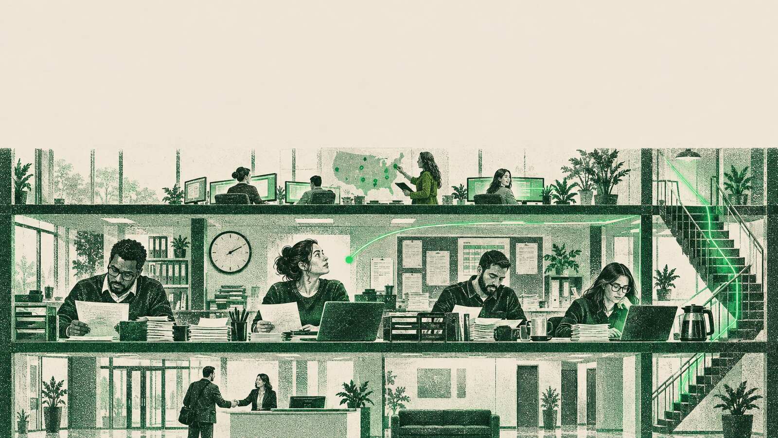 A cut-away of a three-storey staffing office at dawn, the pay-and-bill team on the middle floor, one of them looking up at a thread of green light