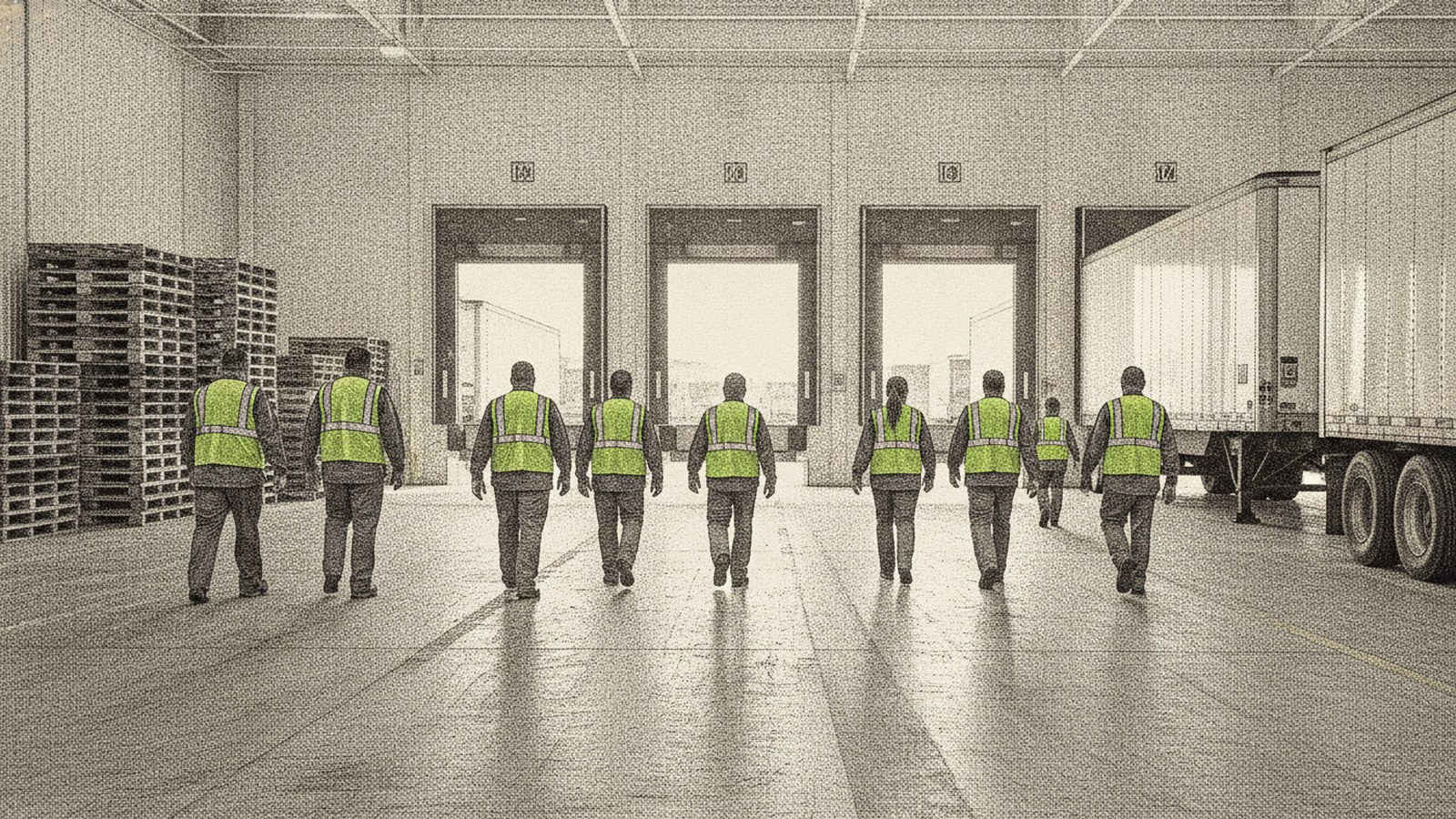 A shift crew in hi-vis vests walking across a distribution centre floor toward the loading dock doors at the start of their shift
